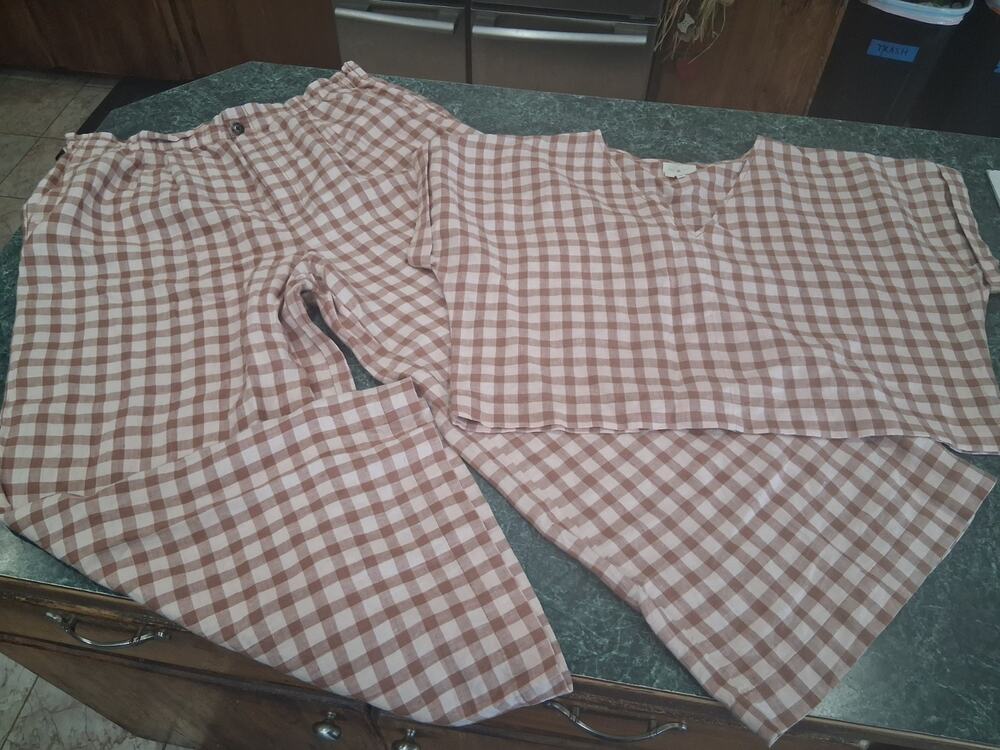 Lou & Grey 100% Linen set Boxy Crop Top And Wide Leg Pants Checkered Neutral New